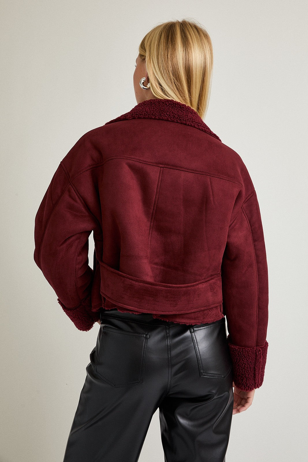 Wine Fur Contrast Zip Up Suede Jacket
