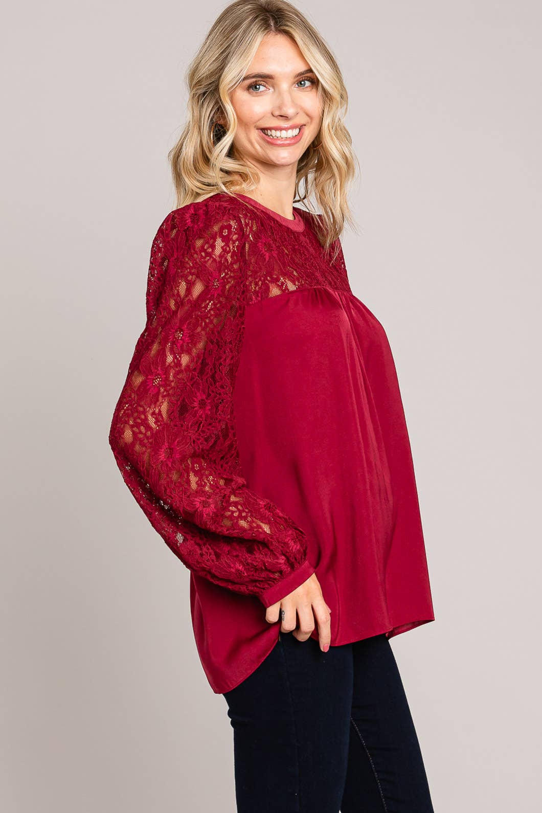 Satin Blouse w/ Lace Neck