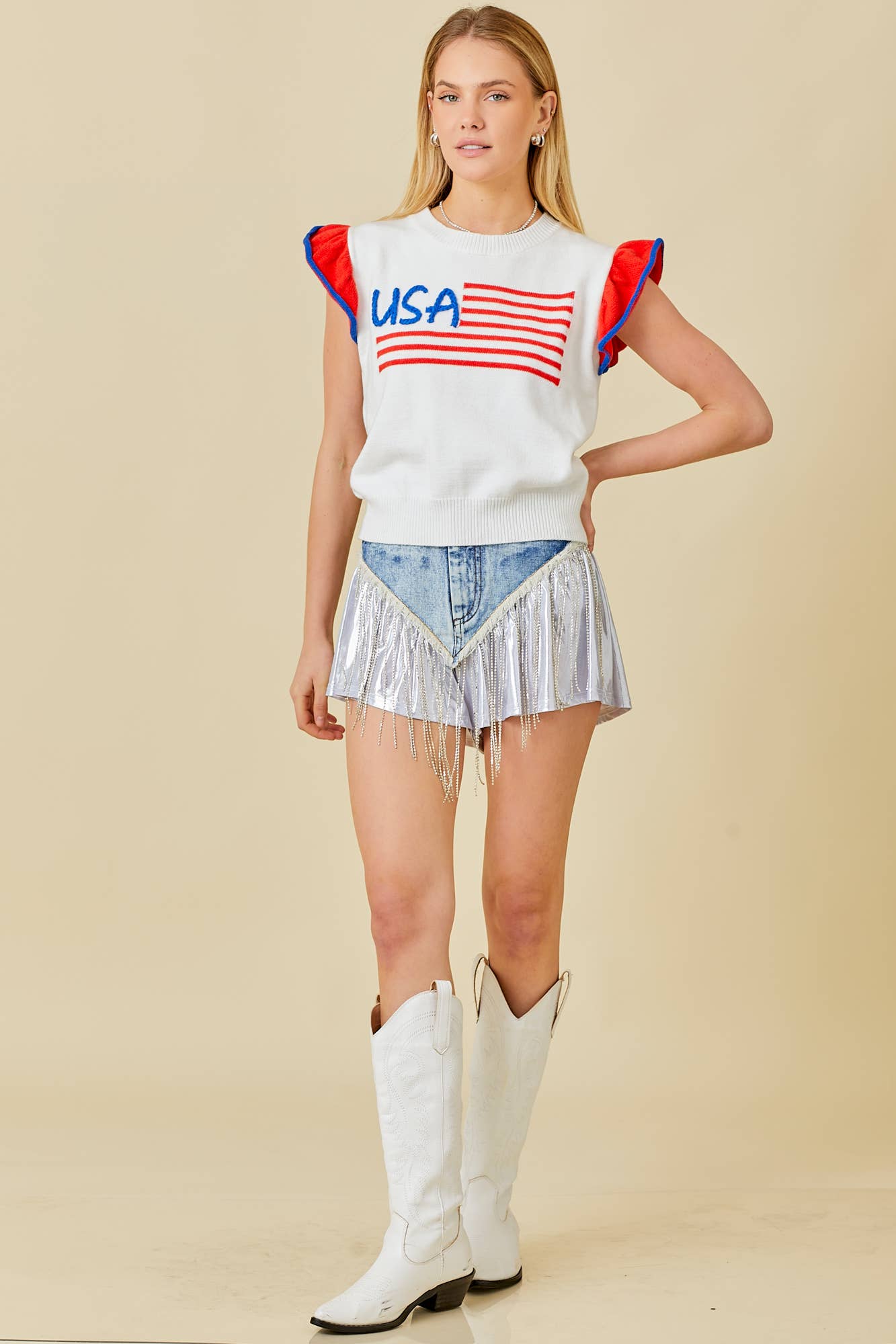 USA Flag Embroidered Sleevless Ruffle Sweater