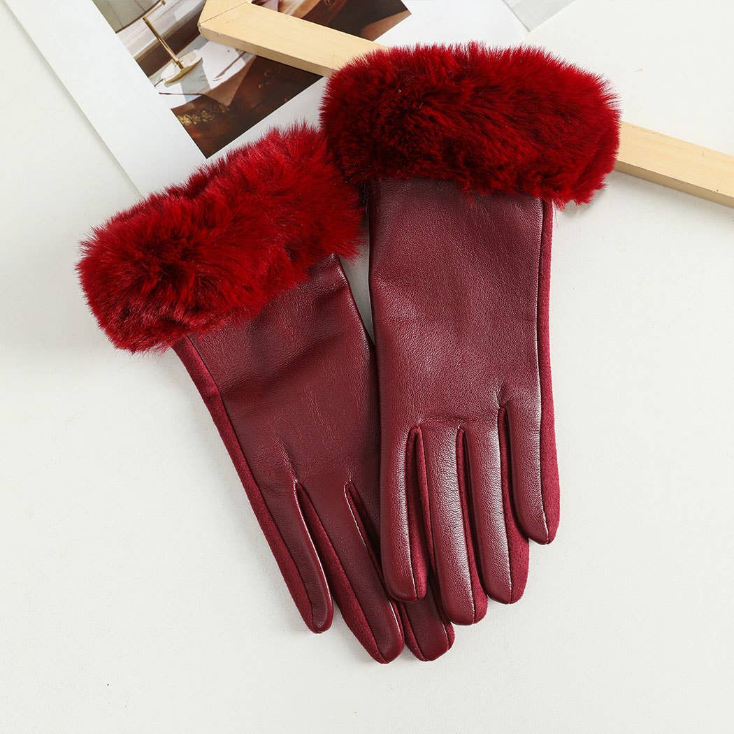 Faux Leather with Faux Fur Cuff Touch Gloves