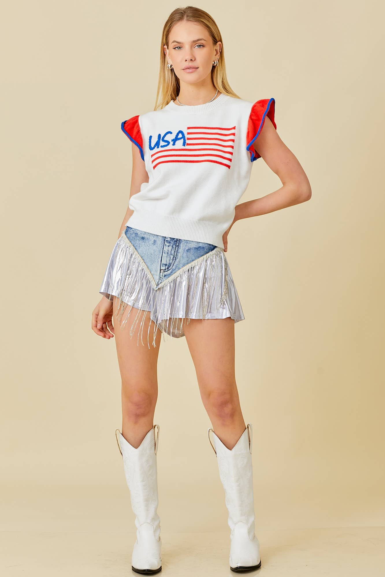 USA Flag Embroidered Sleevless Ruffle Sweater