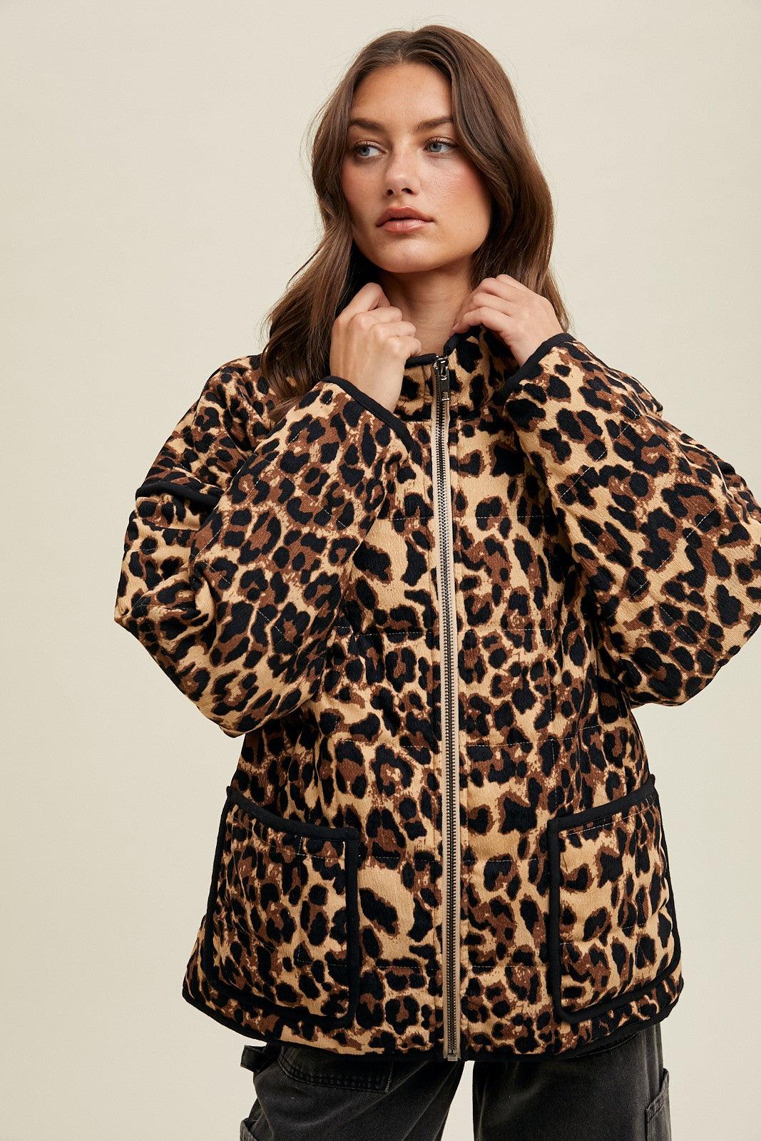 Leopard Piping Puffer Jacket