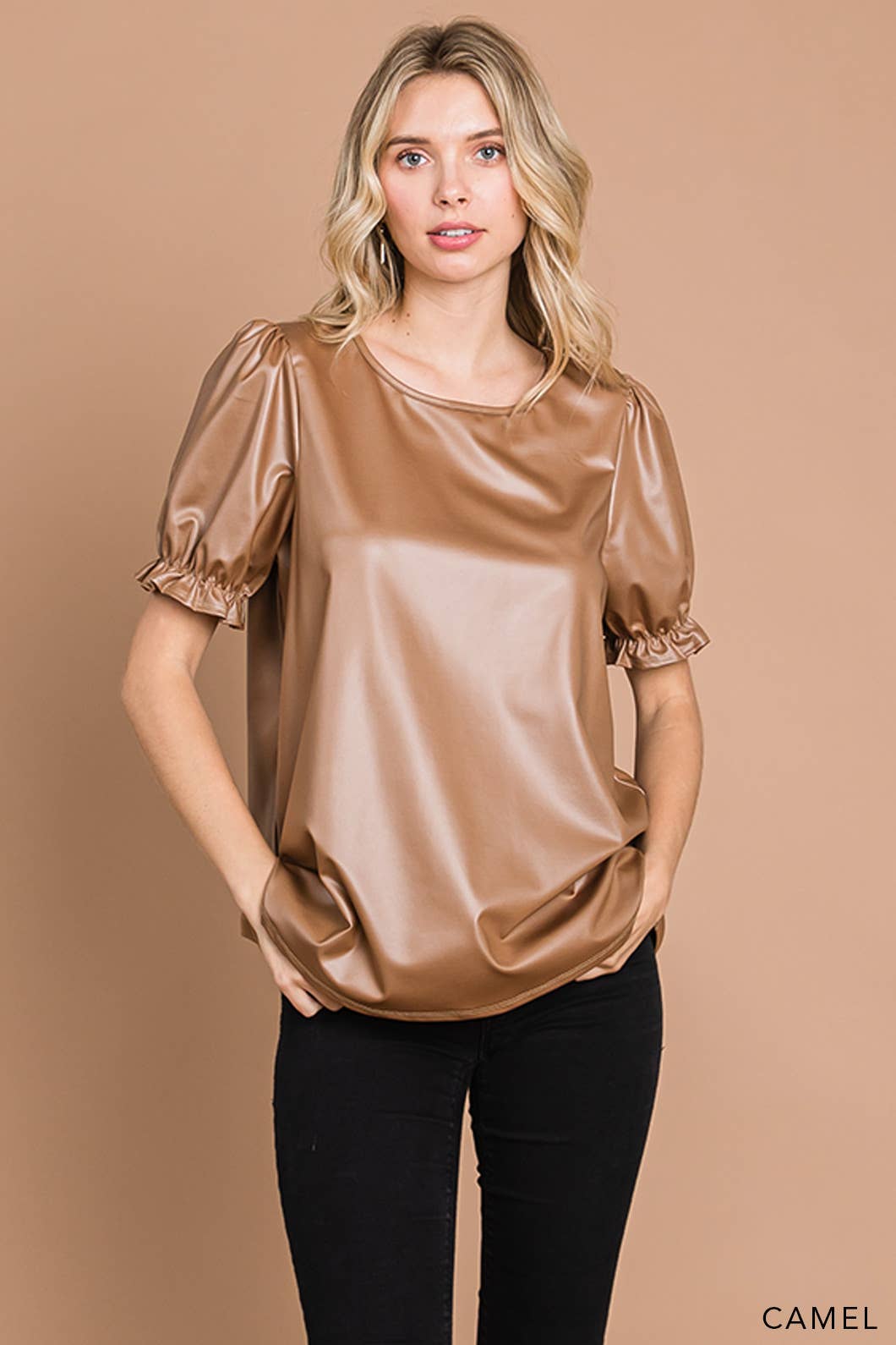 Faux Leather Top w/ Ruffle Sleeve