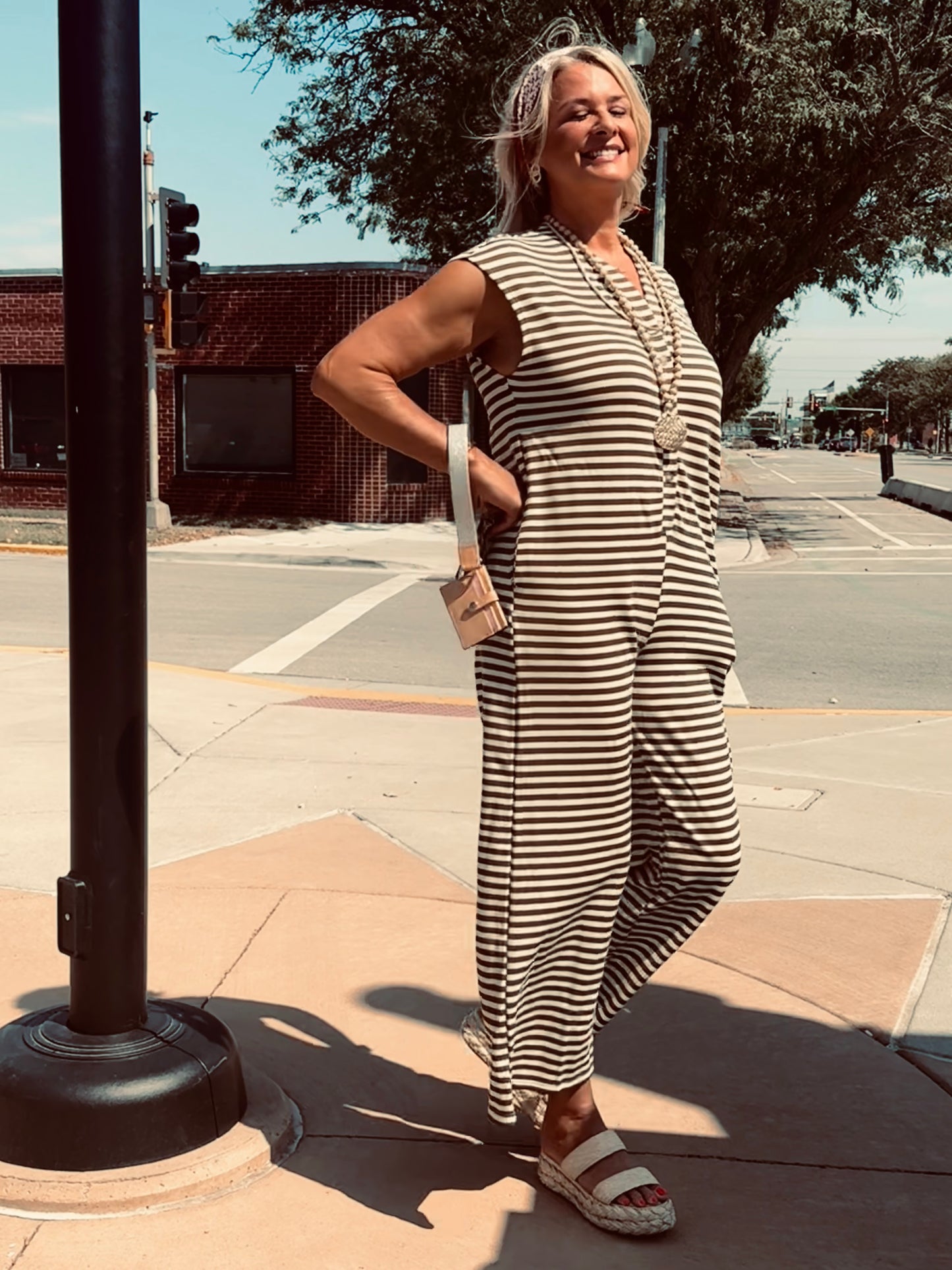 Khloe Knit Stripe Wide Leg Button Down Jumpsuit