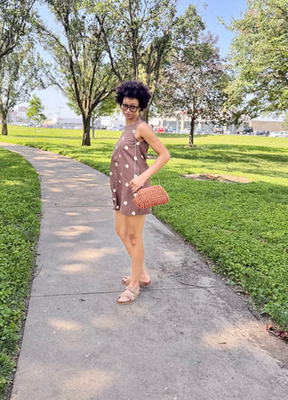 Mocha Latte Linen Polka Dot Mini Dress