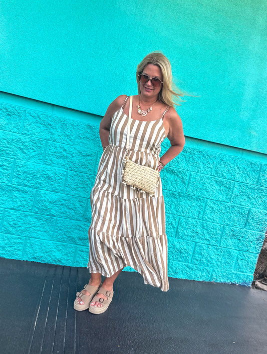 Trisha Valera Striped Tiered Midi Dress