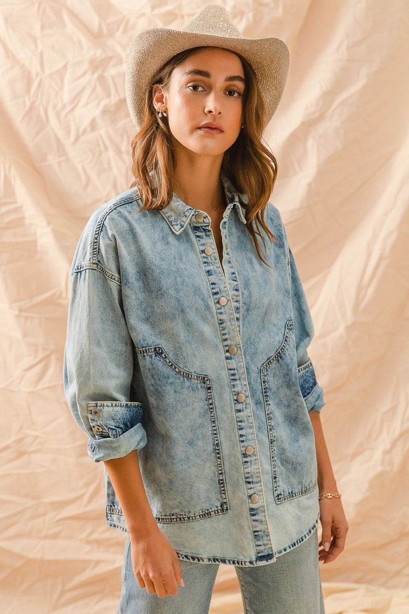 Willie Washed Denim Button Down Shirt Top