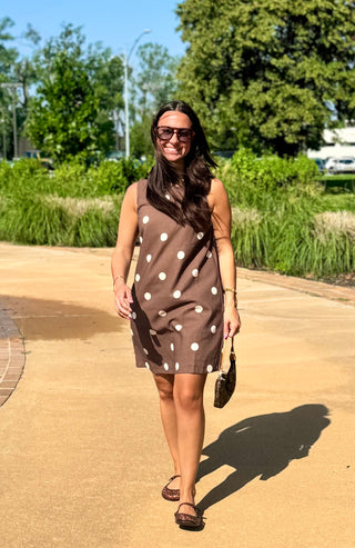 Mocha Latte Linen Polka Dot Mini Dress