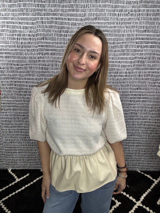 Tweed/Leather Peplum Top