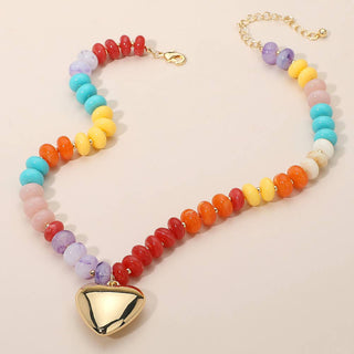 Bella 18K Gold Dipped Puffy Heart Pendant Chunky Resin Disc Beaded Necklace