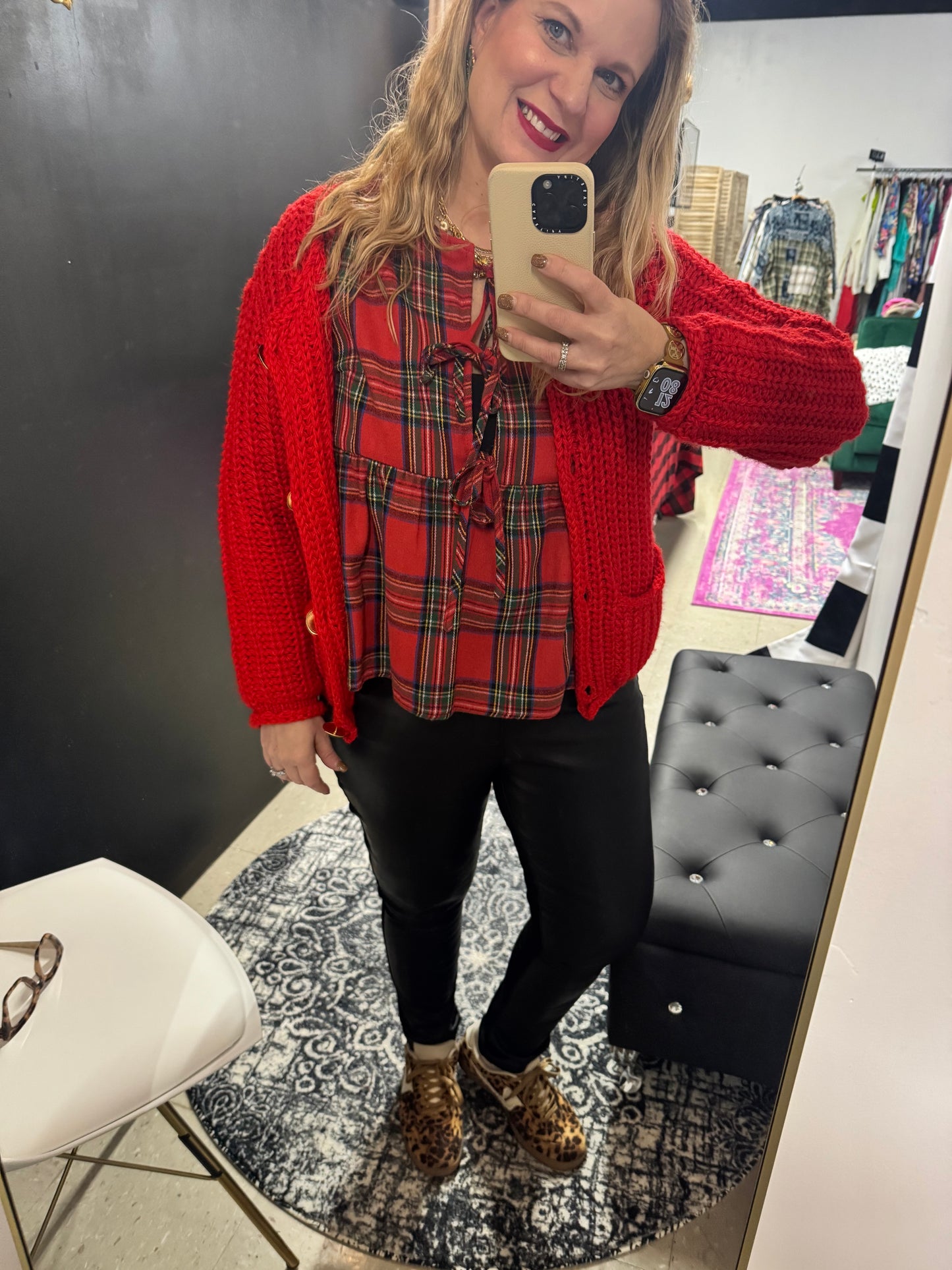 Front Tie Xmas Plaid Blouse