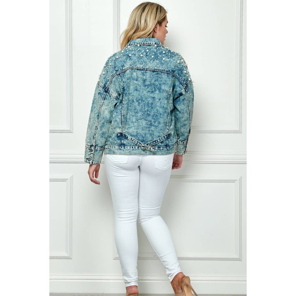 Plus Oversize Pearl and Rhinestone Denim Jacket