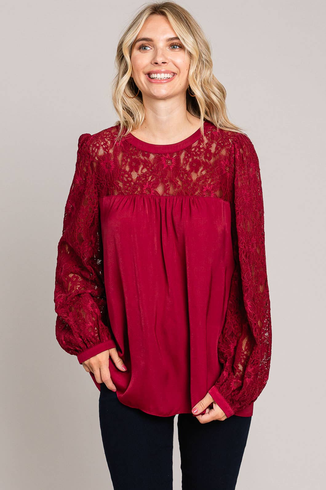 Satin Blouse w/ Lace Neck