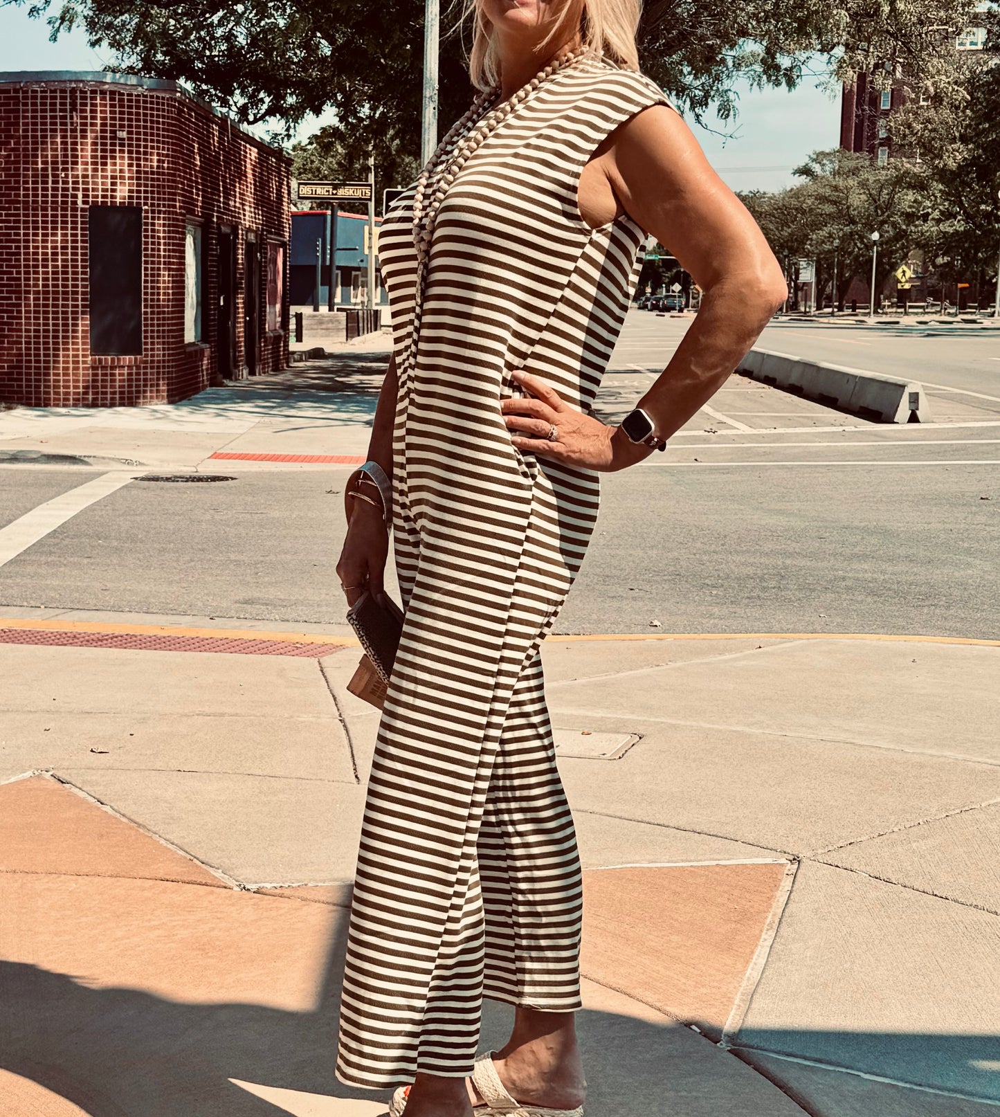 Khloe Knit Stripe Wide Leg Button Down Jumpsuit