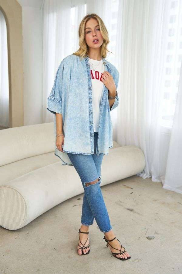 Plus Washed Denim Stand Collar Oversized Shirt