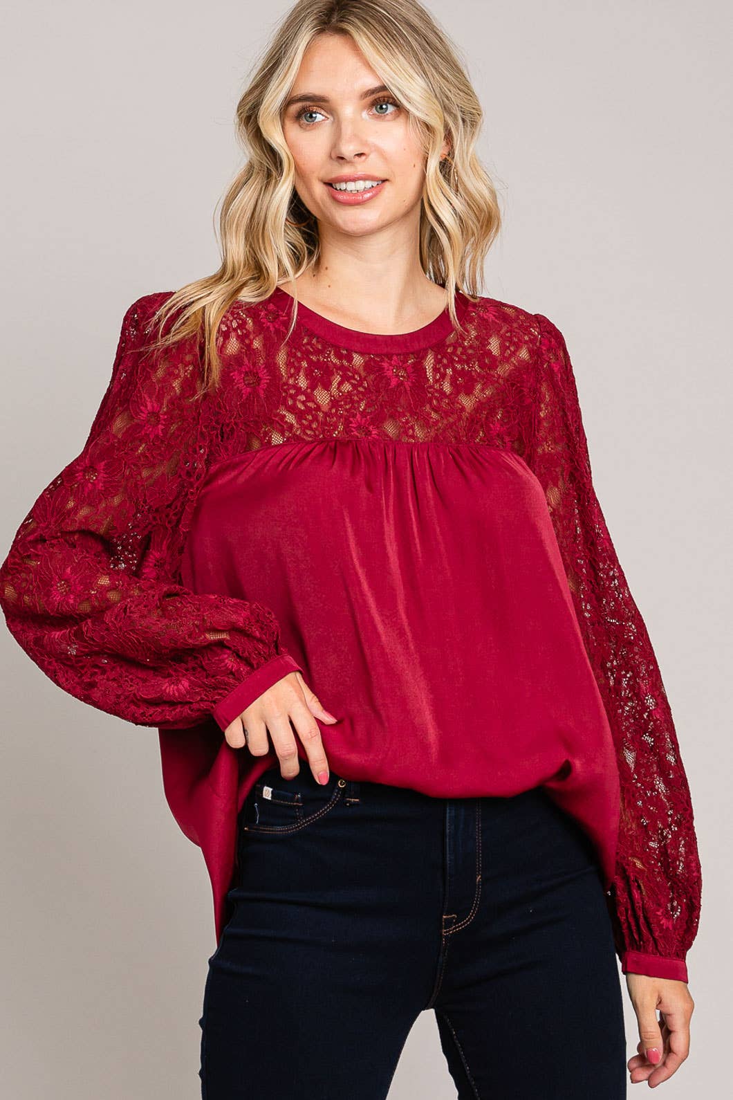 Satin Blouse w/ Lace Neck