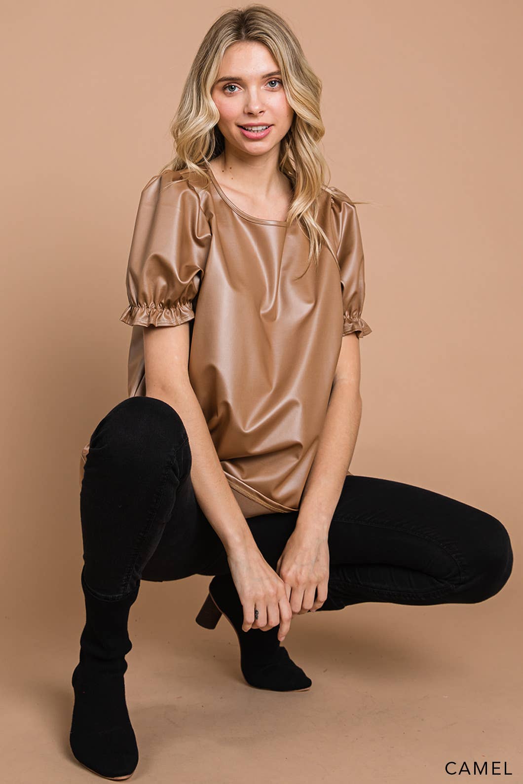 Faux Leather Top w/ Ruffle Sleeve