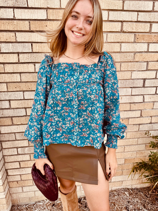 Janelle Square-Neck Floral Print Blouse