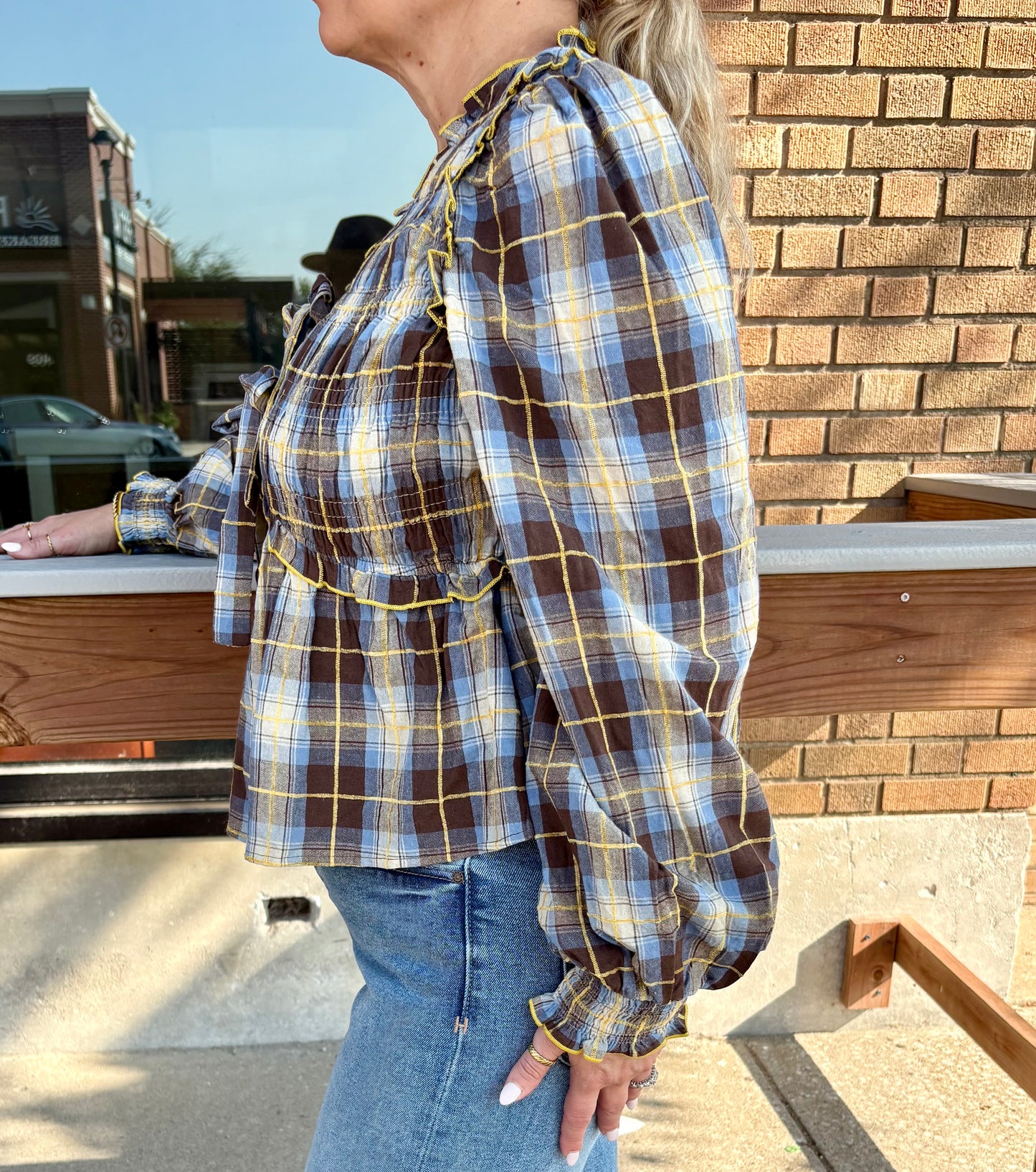 Penelope Smocked Plaid Bow Blouse