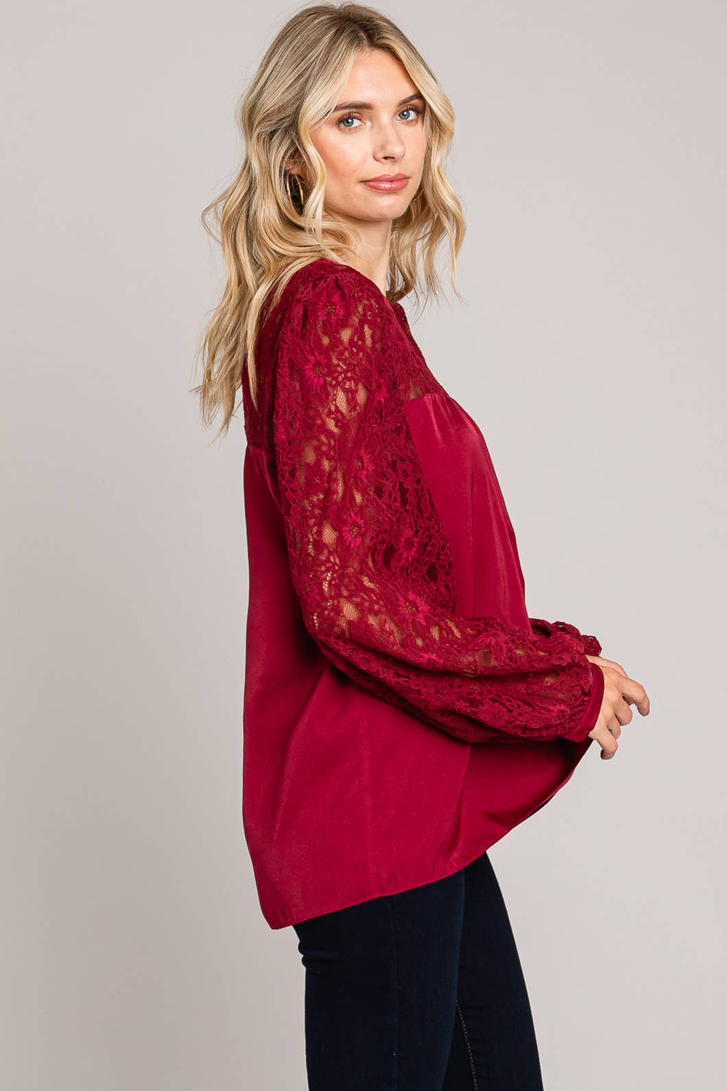 Satin Blouse w/ Lace Neck