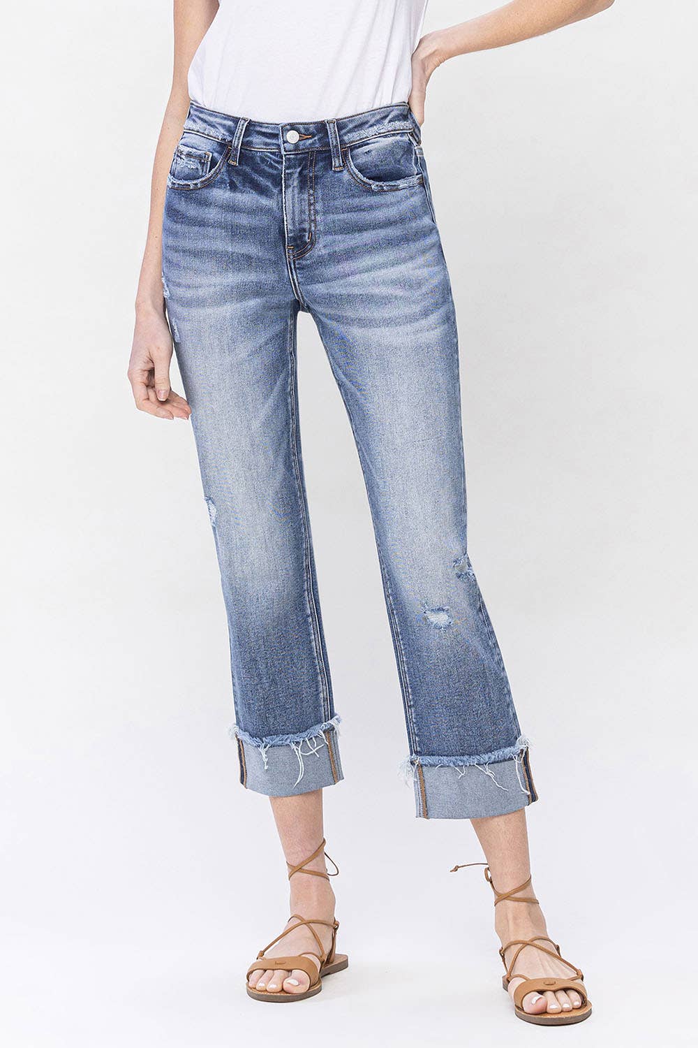 High Rise Cuffed Straight Jeans