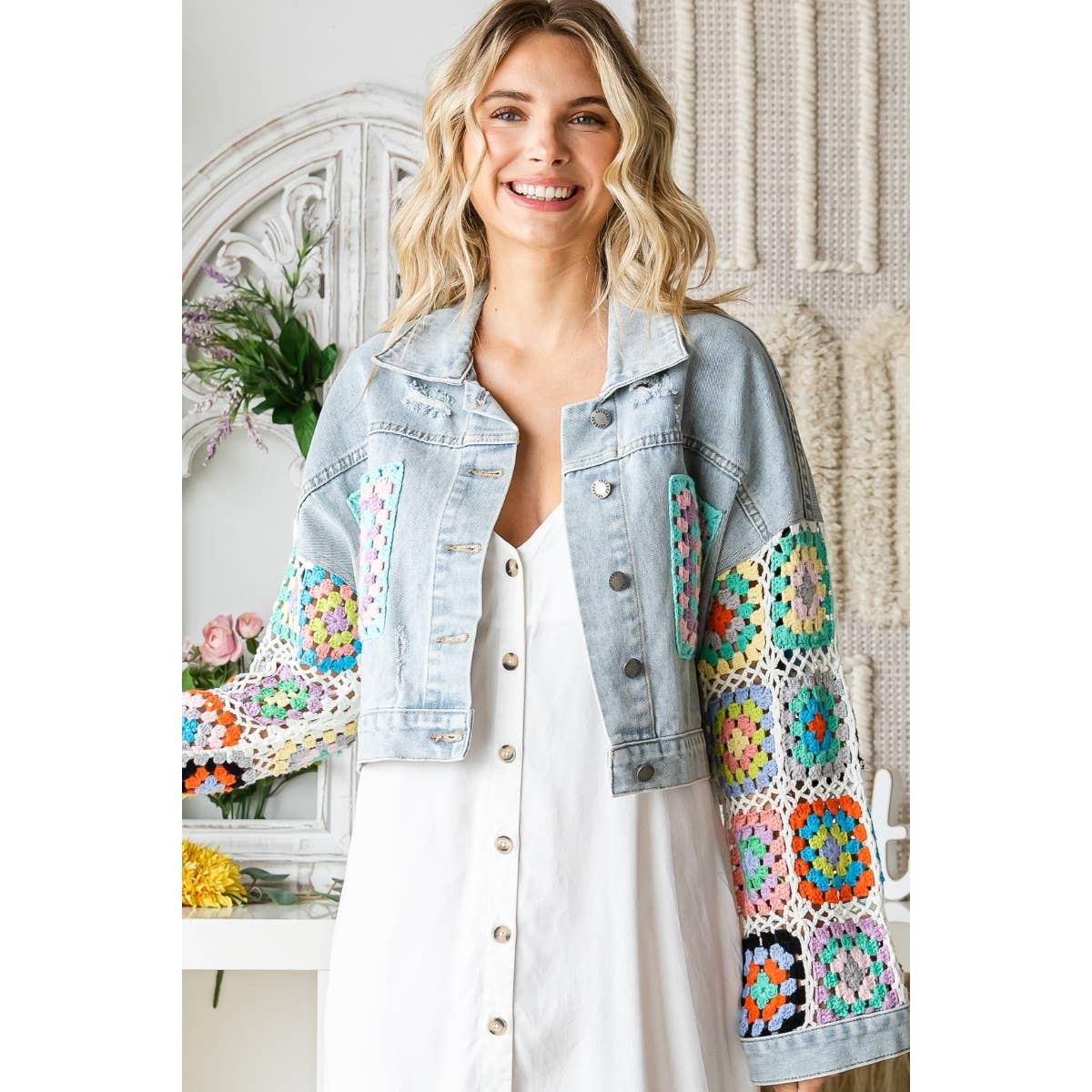 Crochet Sleeve & Pocket Denim Jacket