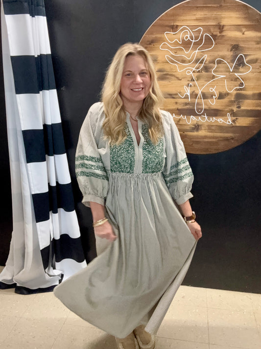 Ela Embroidered Stripe Midi Dress