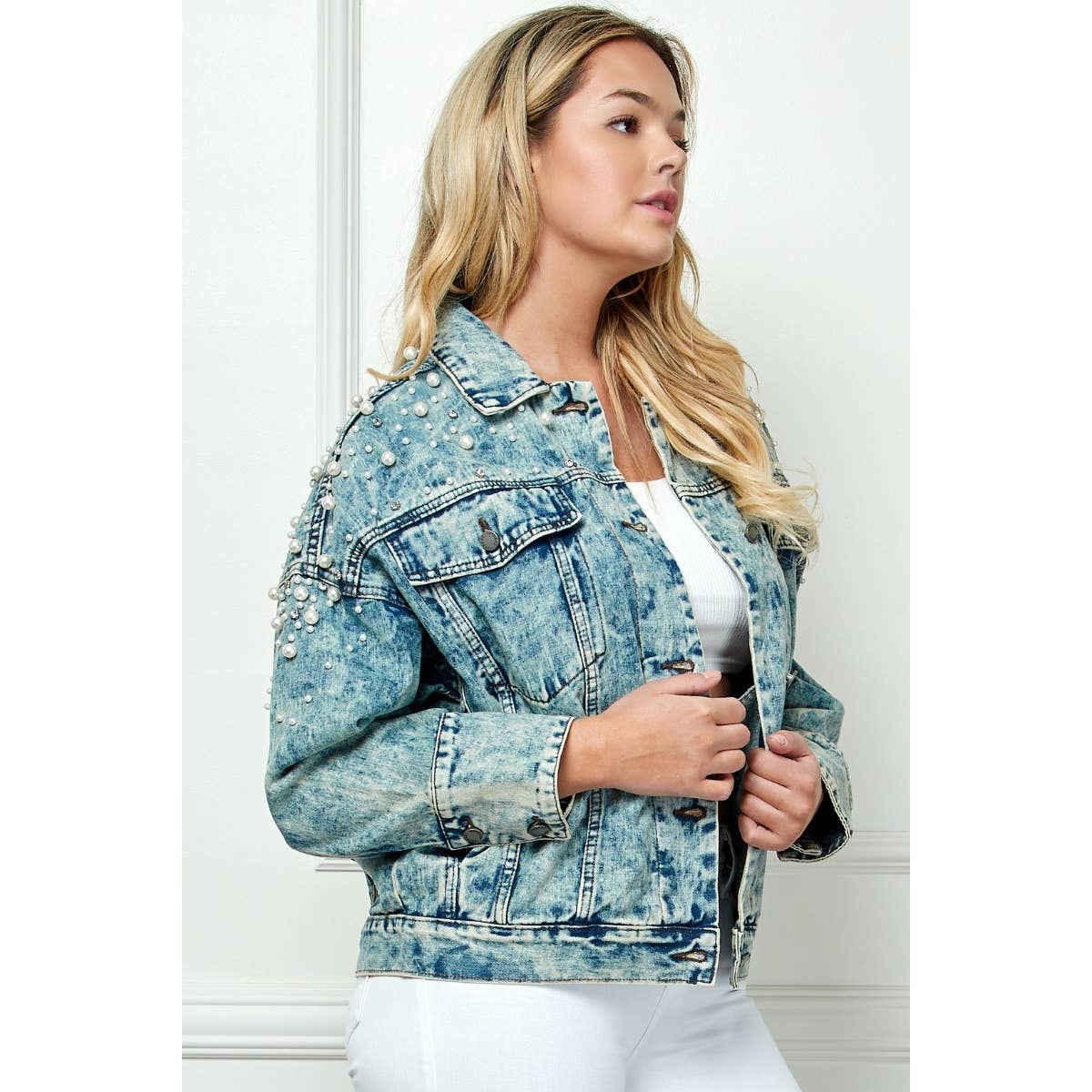 Plus Oversize Pearl and Rhinestone Denim Jacket