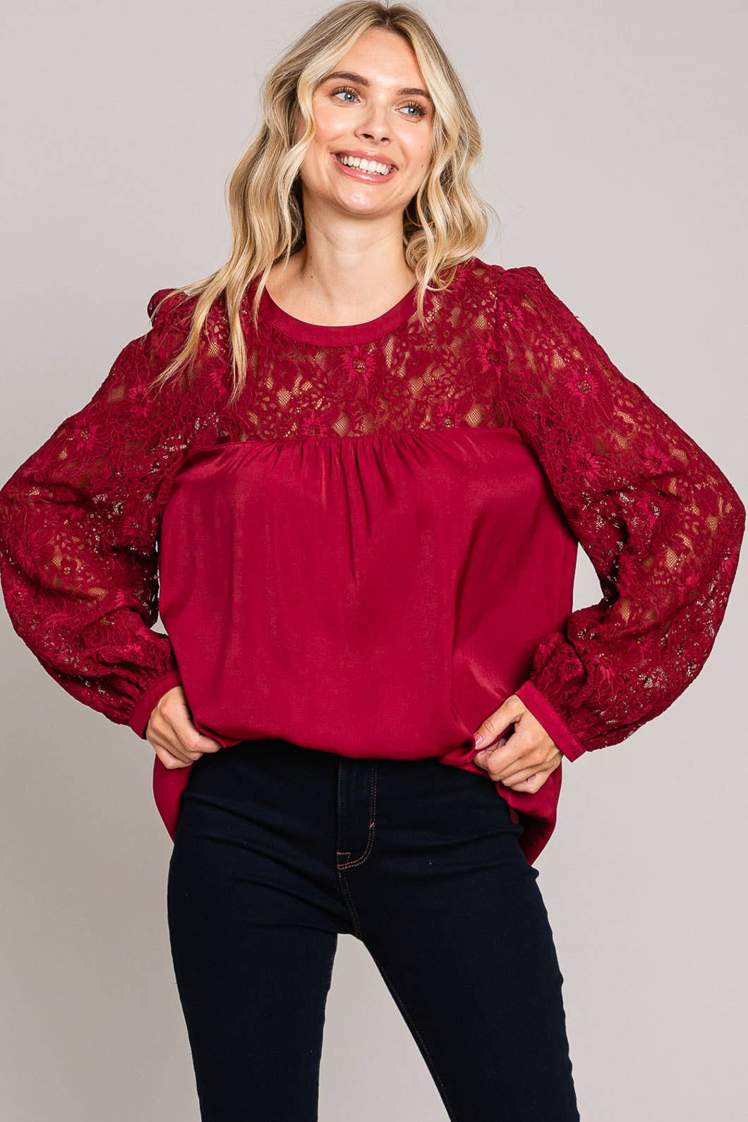 Satin Blouse w/ Lace Neck