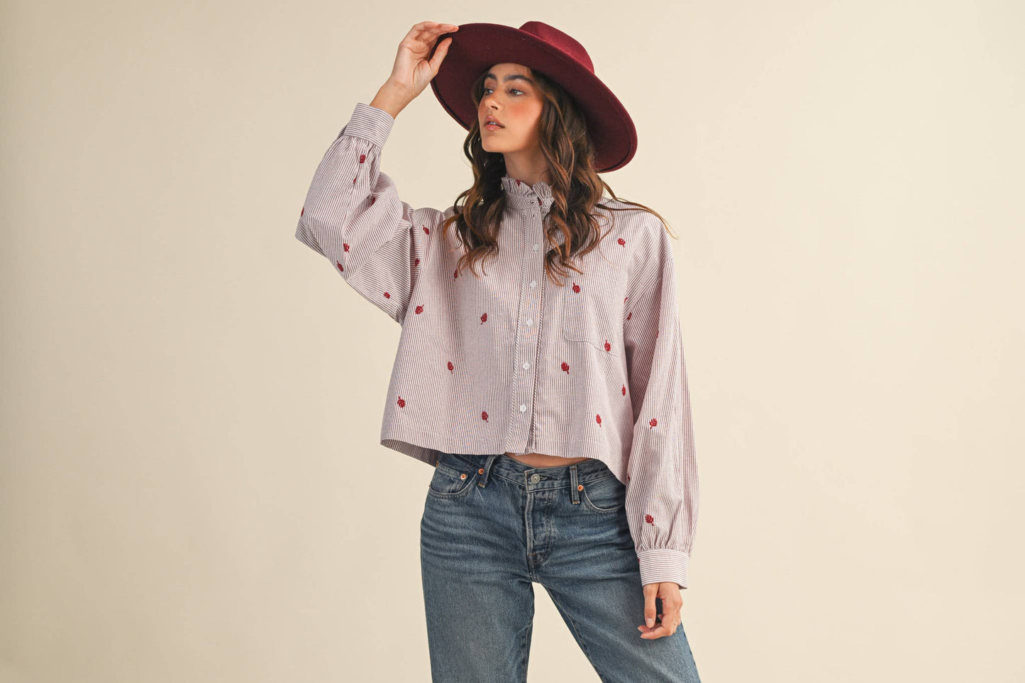 Bradley Embroidered Mock Neck Striped Button Up