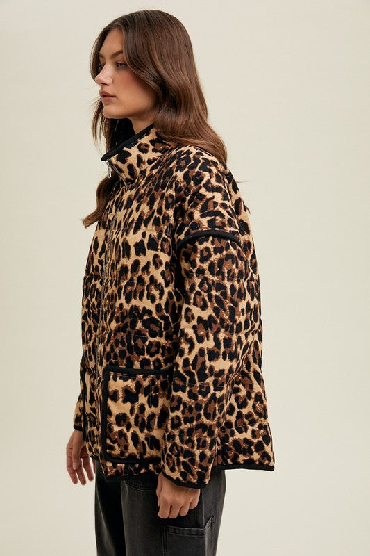 Leopard Piping Puffer Jacket