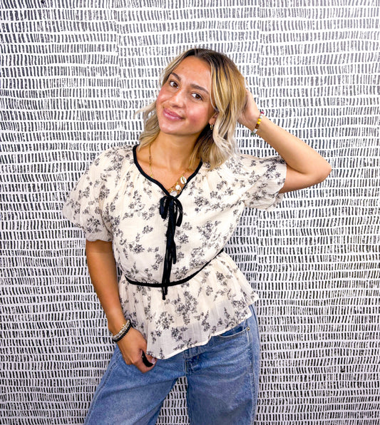 Analee Double Bow Detail Textured Floral Top