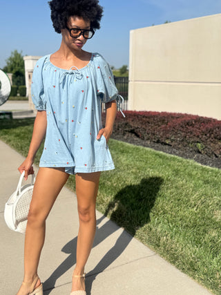Petals & Picnics Mini Denim Romper