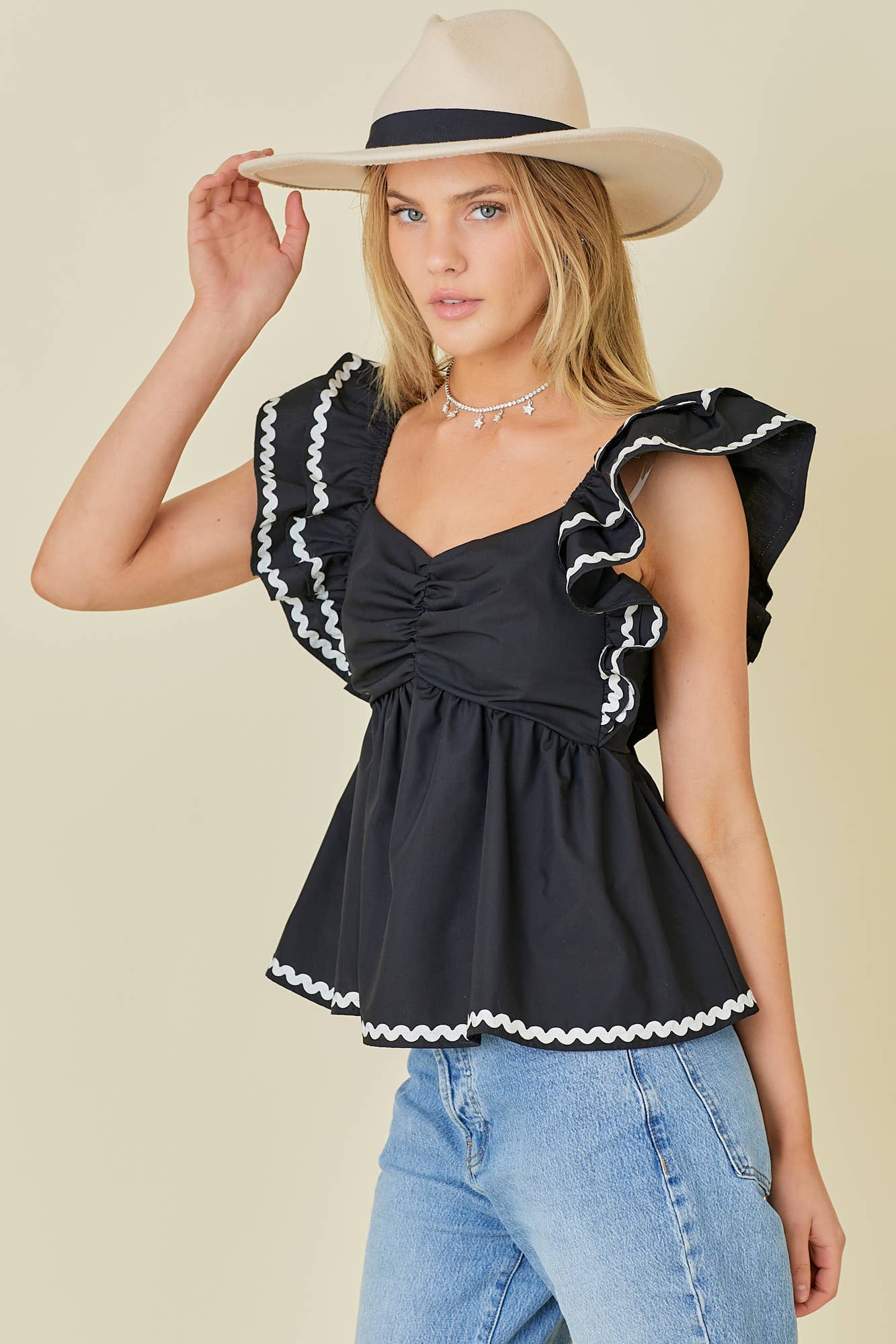 Double Ruffle Ric Rac Trim Baby Doll Top