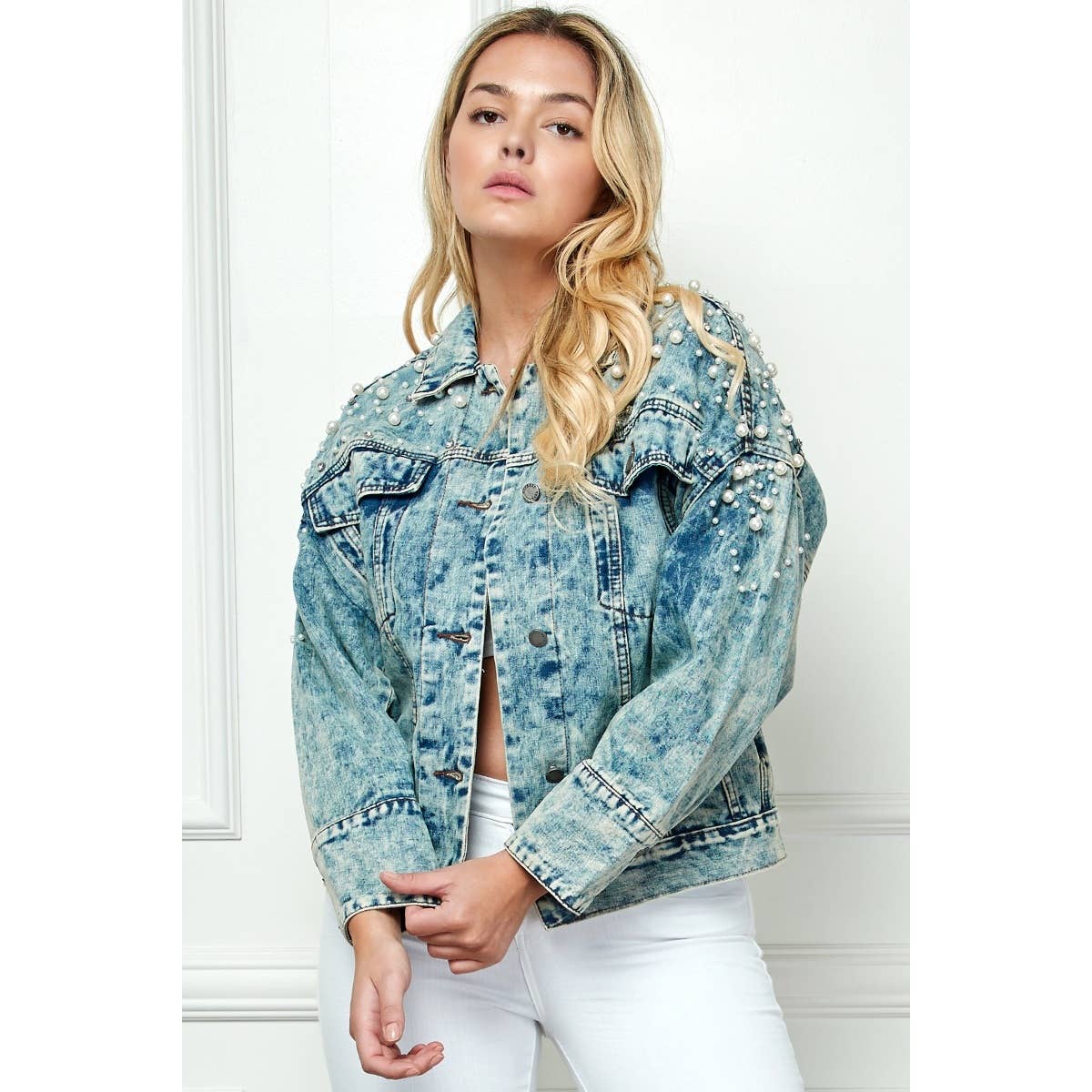 Plus Oversize Pearl and Rhinestone Denim Jacket