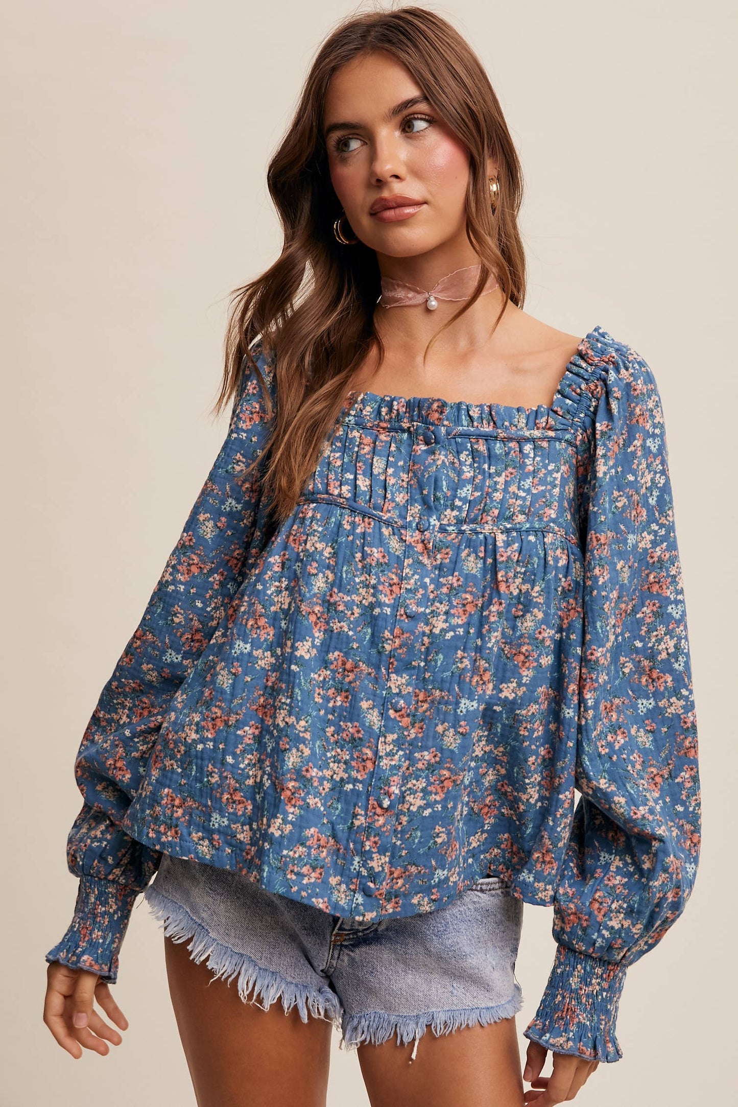 Janelle Square-Neck Floral Print Blouse