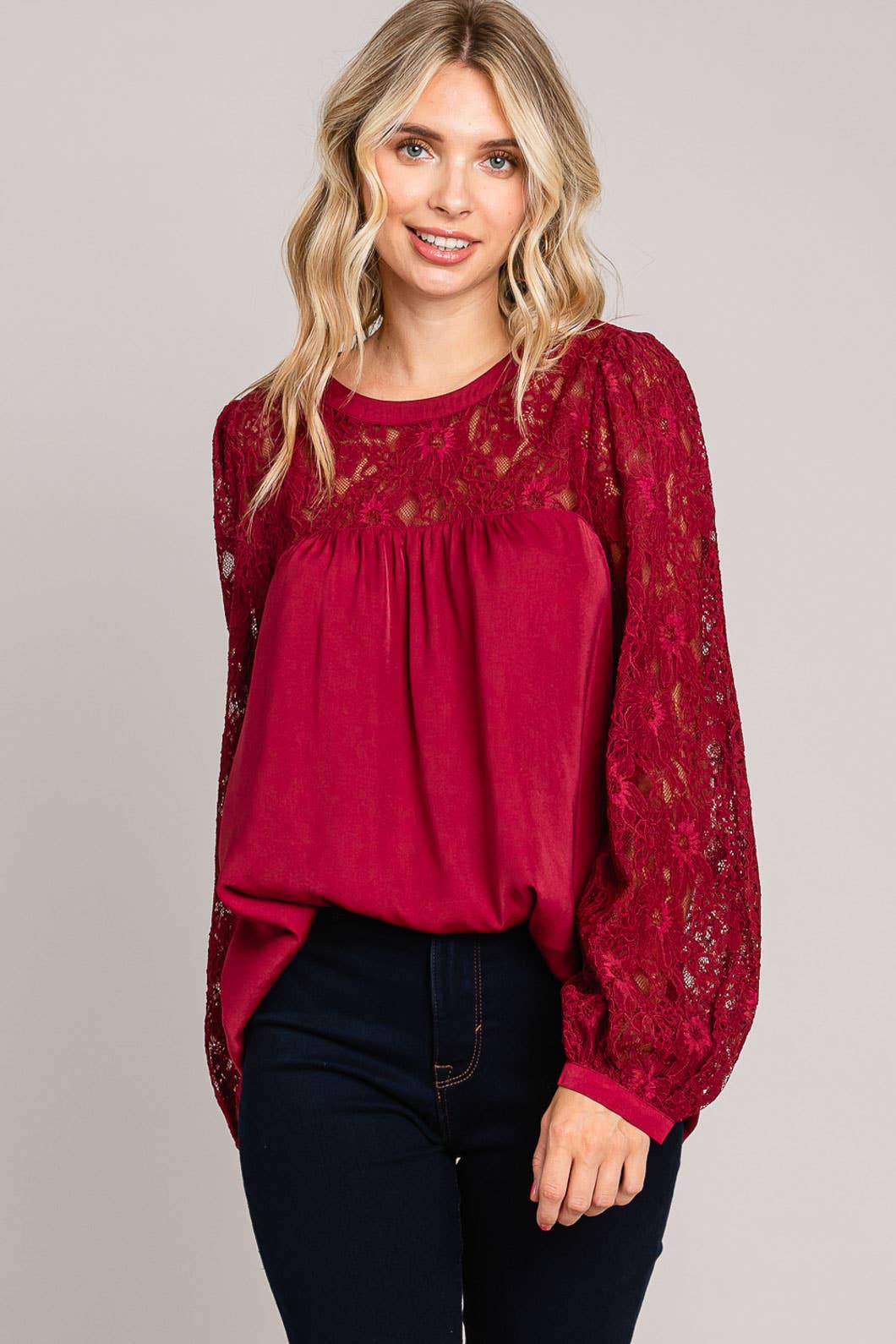 Satin Blouse w/ Lace Neck