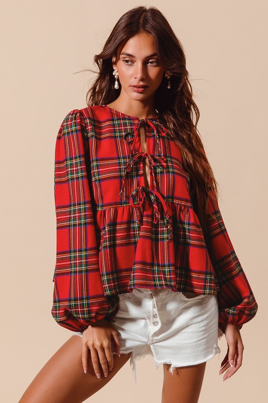 Front Tie Xmas Plaid Blouse