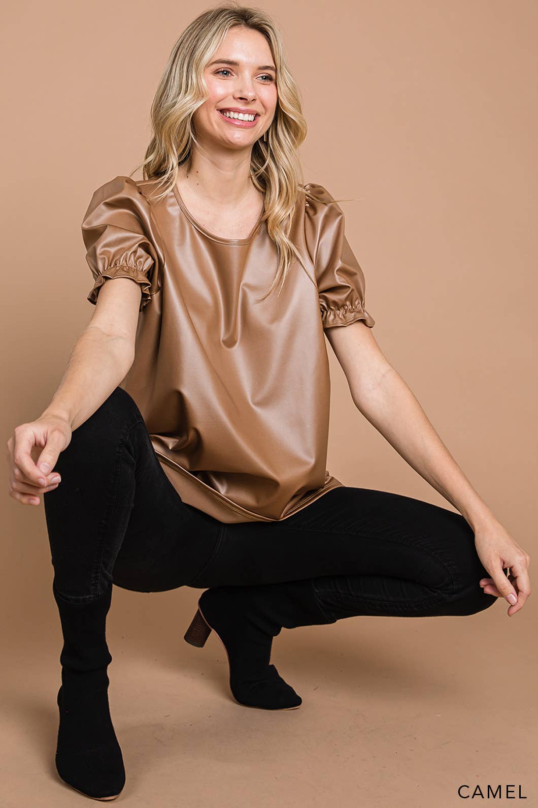 Faux Leather Top w/ Ruffle Sleeve