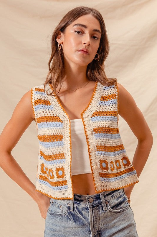 Stripe Square Pattern Crochet Buttoned Vest