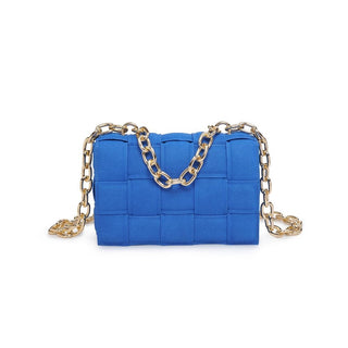 Vibrant blue woven crossbody bag with chunky gold chain strap and rectangular shape