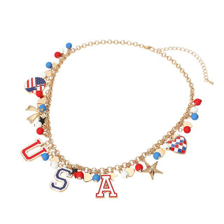 American USA Flag Star Bow Faceted Bead Ball Station Necklace