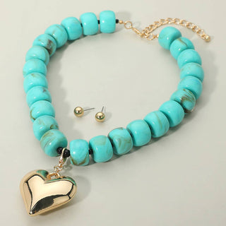 Willa Puffy Metal Heart Pendant Chunky Beaded Statement Necklace