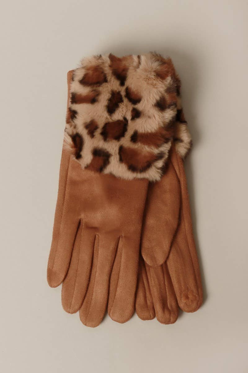 Solid Suede w Faux Animal fur Cuff Smart Gloves