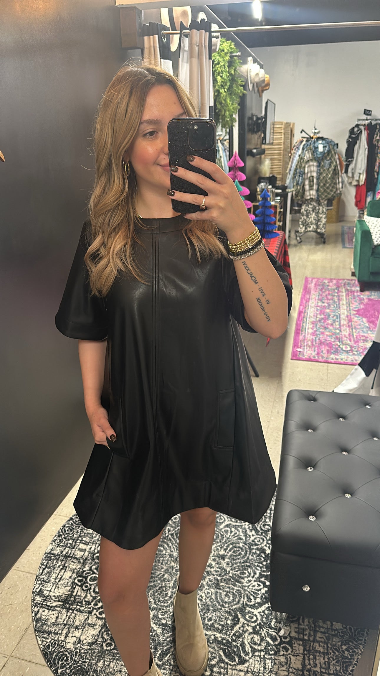 Faux Leather Flare Bottom Dress