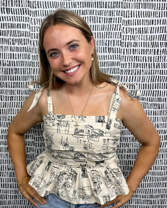 Poppy Town Print Ruffled Bottom Top