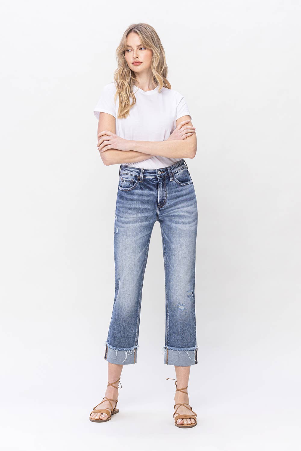 High Rise Cuffed Straight Jeans