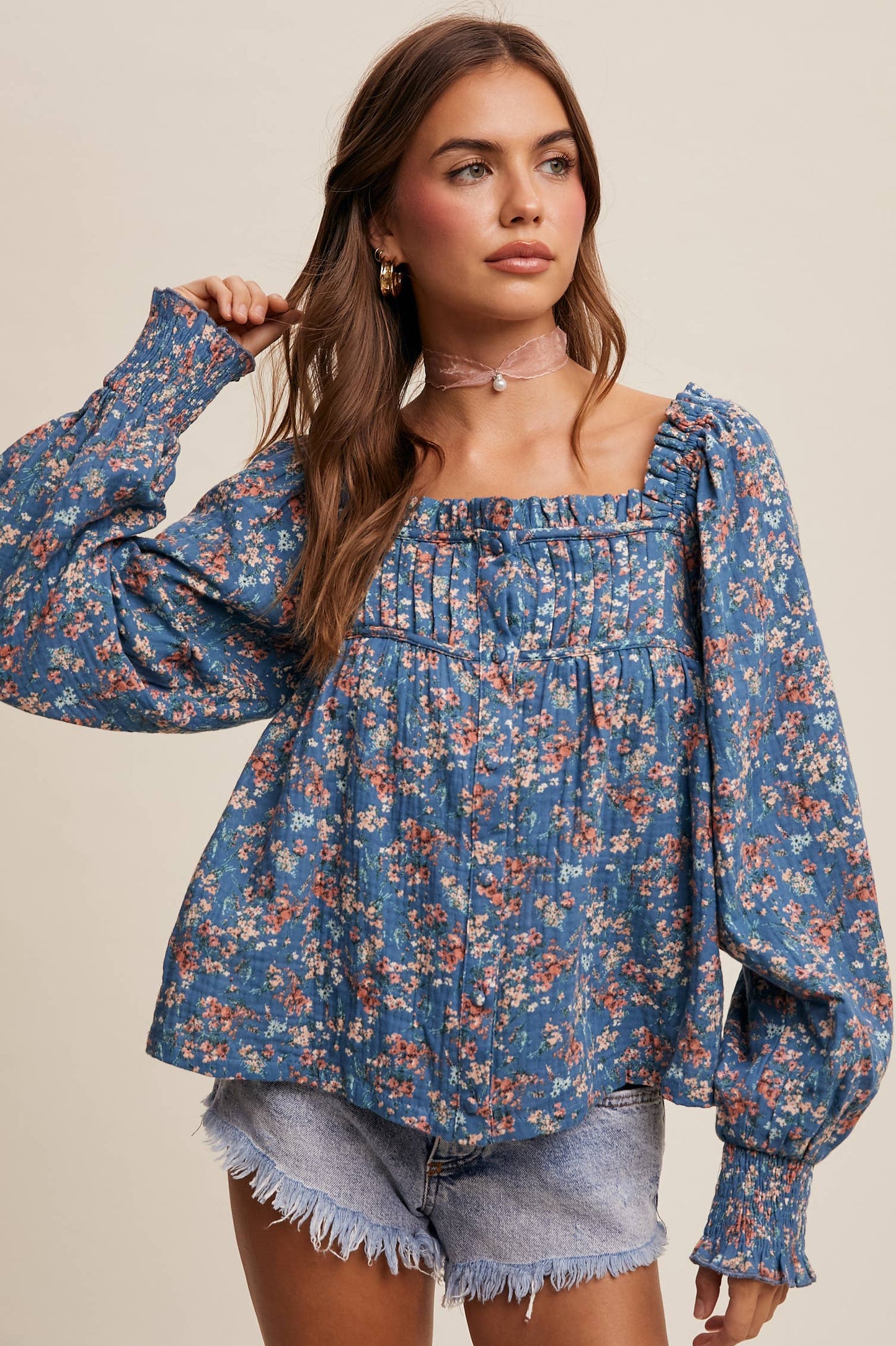 Janelle Square-Neck Floral Print Blouse