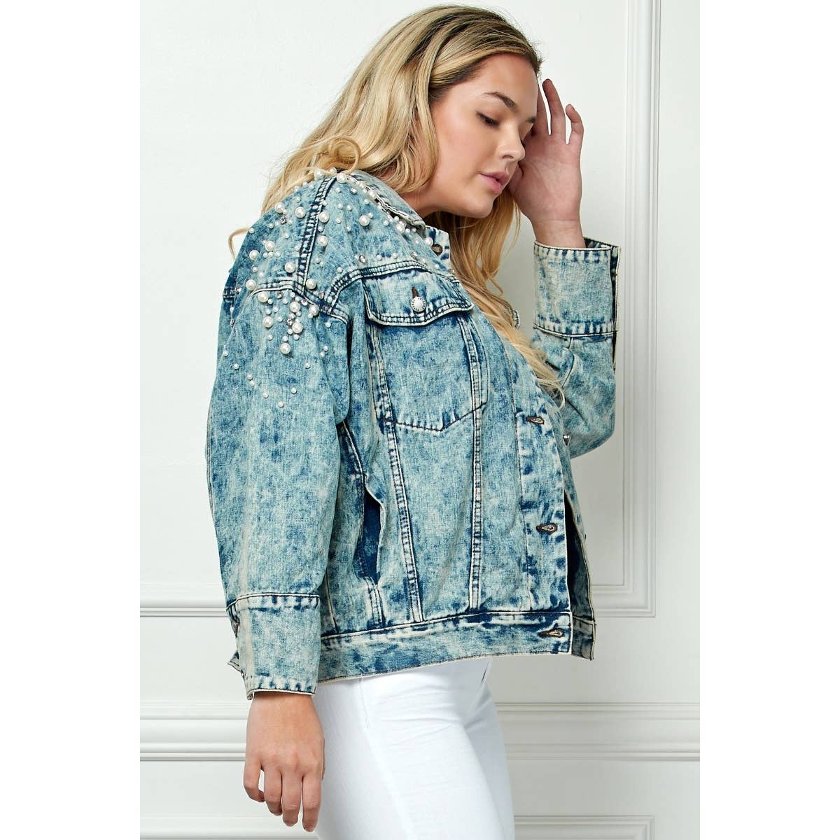 Plus Oversize Pearl and Rhinestone Denim Jacket