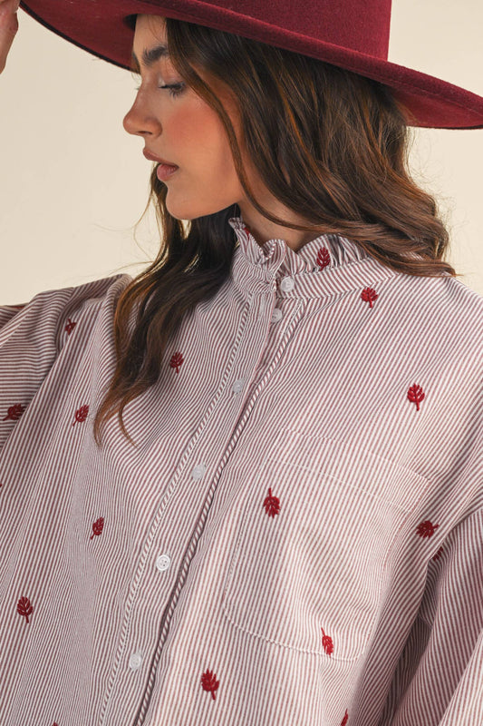 Bradley Embroidered Mock Neck Striped Button Up